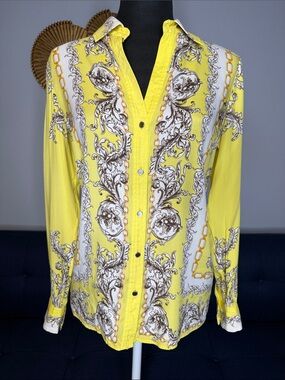 Cache Vintage Silk Floral Leaf Chain Print equestrian Button-Up Maximalism Shirt